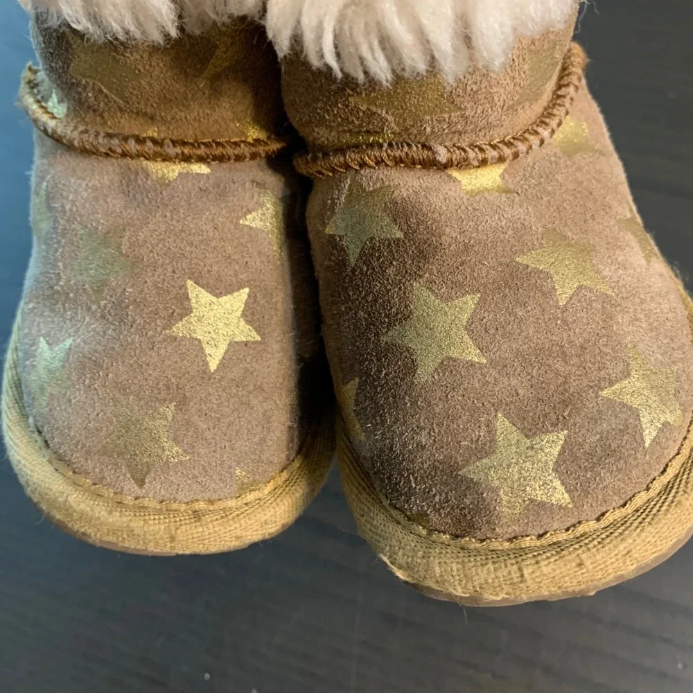 Emu Australia Kids 12-18 Month Star Print‎ Suede Boots Brown Gold Merino Lined